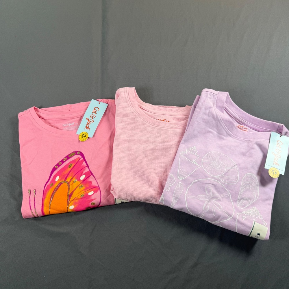 Cat & Jack Girls 3 Pack Short Sleeve Tops Pink Butterfly Purple Shell Size M 8